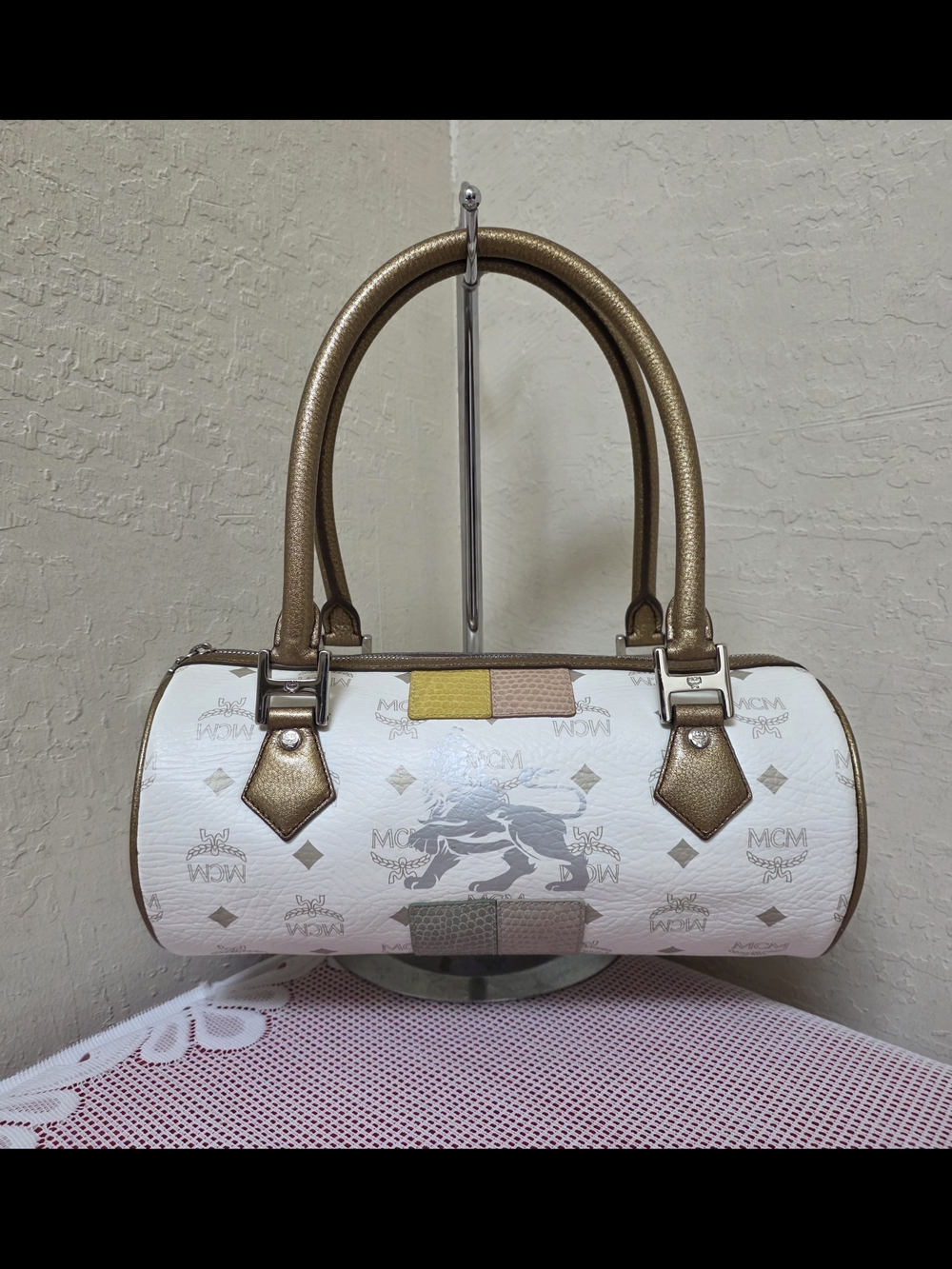 MCM White Golden Metallic Papillon Barrel Handbag Satchel AUTHENTIC